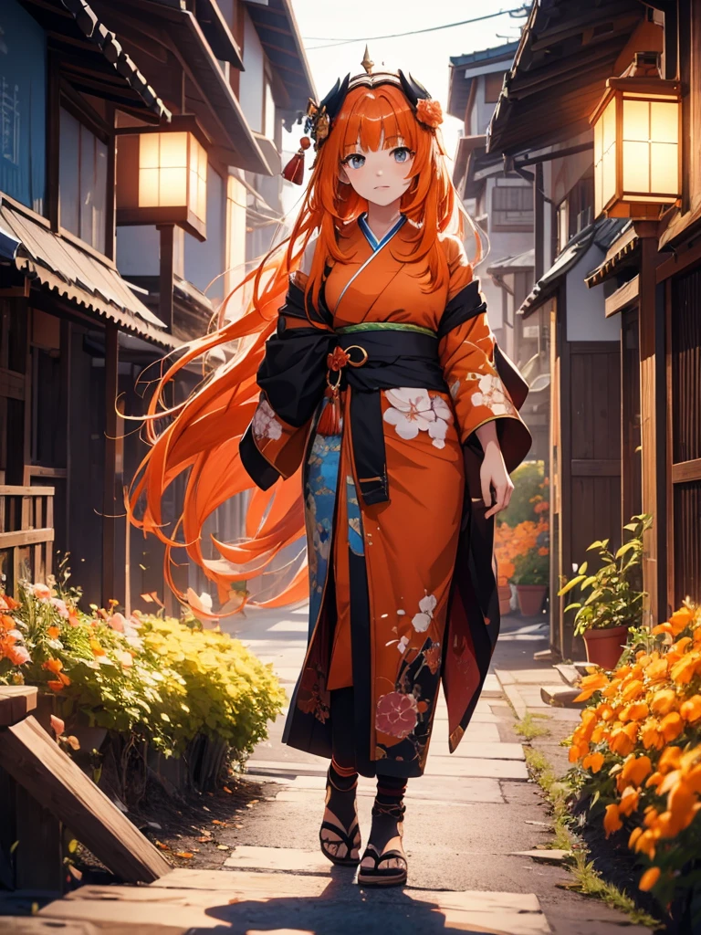 Nilou from Genshin impact game, 1girl, wearing a long Japanese kimono, at a village , orange colour hair, 8k, high detailed, high quality, full body