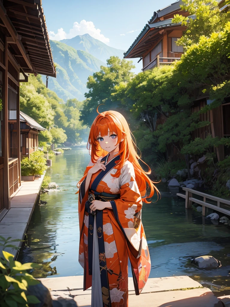 Nilou from Genshin impact game, 1girl, wearing a long Japanese kimono, at a village , orange colour hair, 8k, high detailed, high quality, full body