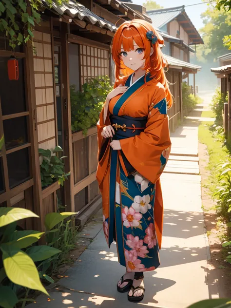 nilou from genshin impact game, 1girl, wearing a long japanese kimono, at a village , orange colour hair, 8k, high detailed, hig...