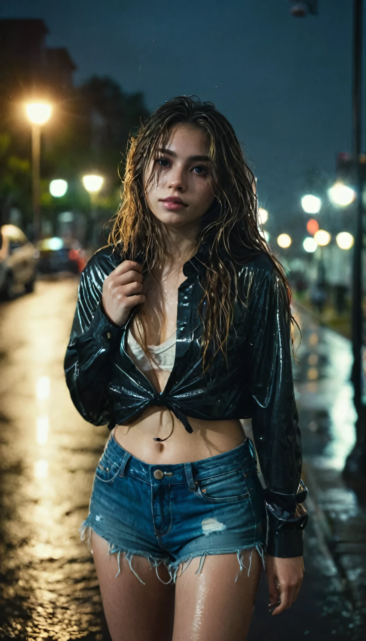 1 girl,Alone,by the wide,Rough skin,(Visor of visualización:1.2),wet hair,micro_Bermuda,Dark,polaroid,(depth_of_field:1.5),rainy day,outdoor,Street,hair between the eyes,gloomy lighting,Tyndall effects, cinematic lighting, evening, Poste of luz, Destello of lente, lights available, Luces of llanta, Luces of neón, curved, Indonesian style,