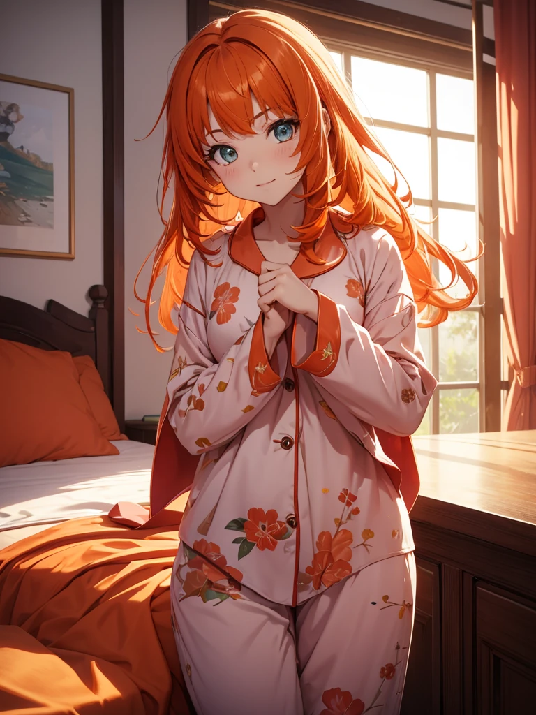 Nilou from Genshin impact game, 1girl, wearing a cute pajamas, at morning bed, orange colour hair, 8k, high detailed, high quality, full body