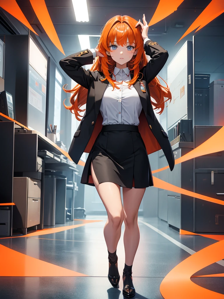 Nilou from Genshin impact game, 1girl, wearing a office outfit, black tight skirt, at an office , orange colour hair, 8k, high detailed, high quality, full body