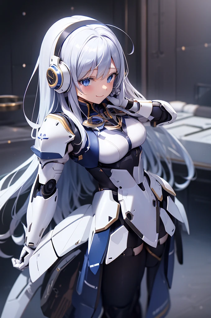 mecha wings、White and blue skirt、Accentuated thighs、White tights、chest、Beautiful white hair、1 girl、solo girl、Thick thighs、IS、Frame Arms Girl、Alice Gere Aegis、White Armor、income、headphone、hand on own chest、smile