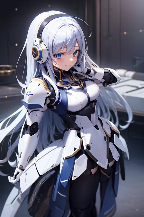 mecha wings、White and blue skirt、Accentuated thighs、White tights、chest、Beautiful white hair、1 girl、solo girl、Thick thighs、IS、Fra...