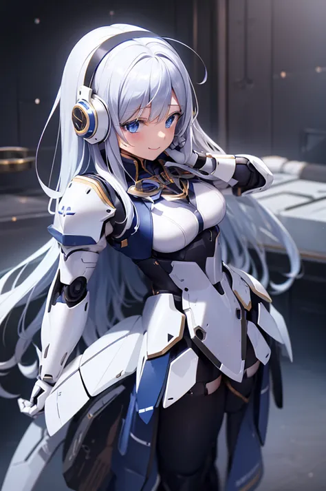 mecha wings、white and blue skirt、accentuated thighs、white tights、chest、beautiful white hair、1 girl、solo girl、thick thighs、is、fra...