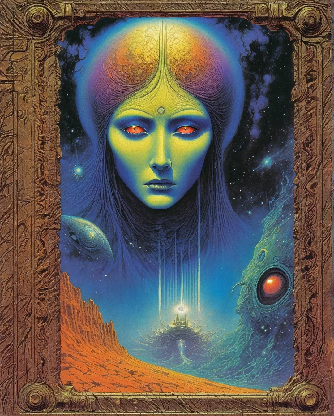 Art style by Richard Corben, Art style by Jim Starlin, Art style by Philippe Caza, (Masterpiece, Top Quality, Super Detail, High Resolution, Best Illustration), 1990s (style), 1980s (style), retro art style, Highest image quality, (Masterpiece, top quality, super detail, high resolution, best illustration), vintage, 1990s \(style\), dynamic angle, female robot pilot, mechanical creature, electronic wires relays computer nerves, girl face, dystopian surrealism, alex ries zdzisaw beksinski giger, very intricate details, demon chinese female, deep luminous eyes contain galaxies, head contains nebula, deep aesthetic, concept art, carved silver circuits diodes resistors semiconductors, highly ornate