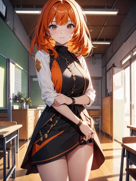 nilou from genshin impact game, 1girl, as a highschool girl, wearing a , at a classroom, orange colour hair, 8k, high detailed, ...