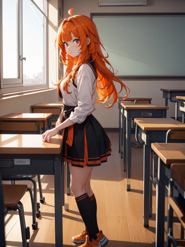 Nilou from Genshin impact game, 1girl, as a highschool girl, wearing a , at a classroom, orange colour hair, 8k, high detailed, high quality, full body