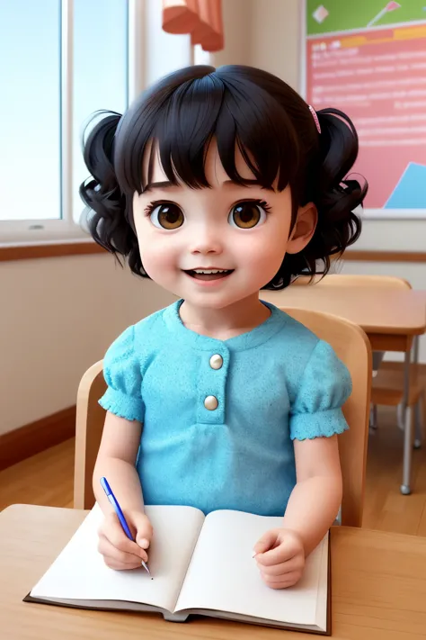 Three-year-old girl, crafted in Pixar's distinctive 3D style, is adorably depicted while studying. She is seated near a white pole, a common feature in school settings, in a spacious classroom background. Her bright eyes reflect her curiosity and zest for learning, and her infectious smile is a testament to her joyful nature. The image, a celebration of childhood innocence, is rendered in the highest possible quality, ensuring every detail is vivid and crystal clear.