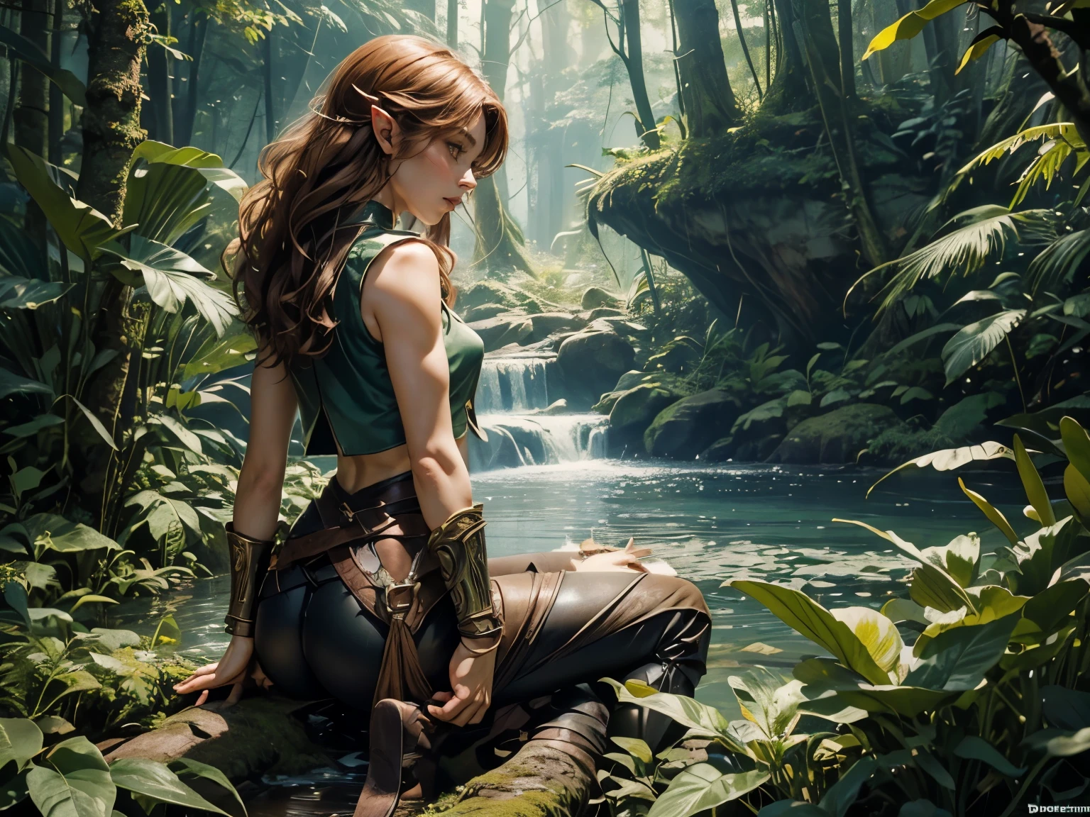 Echo sits on a branch of a large tree, observing the area. The camera is shot from the side, showing her profile. Her legs dangle from the branch, one hand holding her bow, the other resting on the branch. Her light chestnut hair is braided, hanging down her back. She wears a dark leather vest and dark turquoise pants that highlight her figure. Throwing knives are attached to her right thigh. Her eyes scan the area, ready for any danger. In the background, a dense forest is visible with sunlight filtering through the leaves. Echo, a 22-year-old half-elf. She has caramel skin with a golden glow, thick light chestnut hair with soft waves, and brown eyes with green hues. Her face is oval with soft features and pronounced cheekbones, adding harmony. She has full, attractive lips with a natural blush. Her beauty radiates strength and confidence, and a slight scar over her right eyebrow adds a warrior's touch. Her ears are small, like a human's, but pointed like an elf's. Her physique is athletic, toned, slim, and flexible, with rounded, firm curves. She wears leather bracers on both wrists, with a decoration in the shape of a translucent white orchid made of precious stones in the left bracer. 