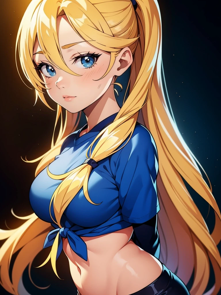 1 garota, Sozinho, retrato de uma mulher com cabelo loiro, tranças longas e esvoaçantes, vestindo uma camisa azul, vestindo uma camiseta, camisa amarrada com nó de camisa, umbigo exposto, ilustração de anime, garotas de anime, cores vivas, características faciais detalhadas, iluminação dramática, pintura digital, tendências no artstation