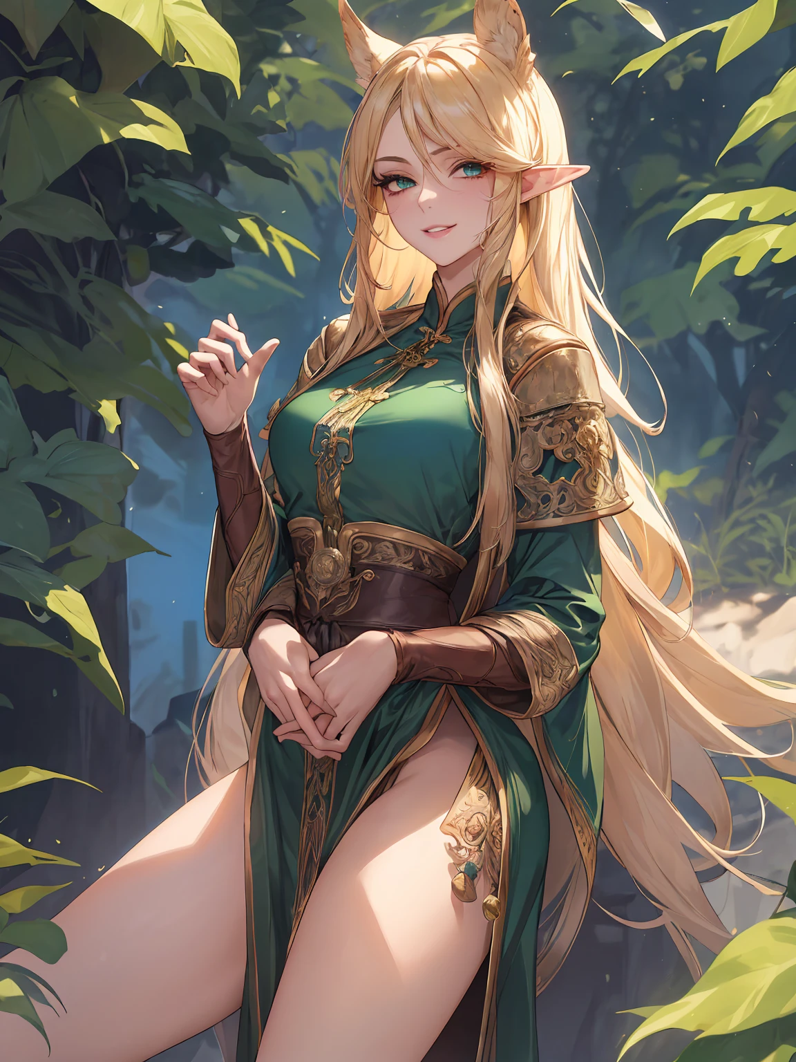 (artistry: 1.2), (best qualityer: 1.2), trunk, 1womanl, elf  woman, Madura, Cao Cao (1.85), looked about 25 years old, she had blonde hair, straight shiny hair , loose hair parted in the middle, bangss, olhos verdes esmeralda, elf ears, ears with good anatomy, ears well proportioned to the face, extremely detailed  eyes, perfects eyes, extremely realistic eyes, well-aligned eyes, long eyelashes, anime styling, face perfect, cara li da, extremely feminine faces, fleshy lips, professional smile, mellow, skin fair , natural body, corpo sexy, maturebody, hands on her waist, Perfect and detailed hands, hands well proportioned to the body, realistic hands, arms with good anatomy, she was only wearing a long-sleeved green leather blouse in a fantasy adventurer style that still couldn&#39;t hide her extremely large and huge breasts that drooped due to her size, Black leather pants , sapatos verdes de cano Cao Cao, thick-thighs, Broad Hips, gazing at viewer, sitting in a placid place adorned with gold, gold coins on the ground, treasures scattered all over ladis, set in European style, posing alone facing the viewer.