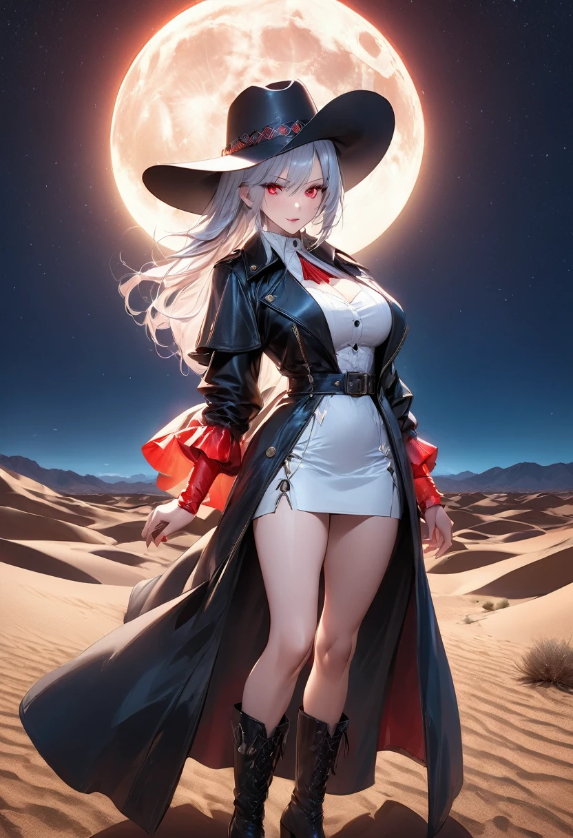 (black and white 19th century photograph style: 1.5) picture of a female vampire cowboy in the desert night, a goth beauty, exquisite beautiful female vampire, ((anatomically correct: 1.5), (ultra detailed face: 1.2), best detailed face, red glowing eyes, full body, busty, wearing white bottom shirt, short skirt, dynamic color. wearing (cowboy hat: 1.2), wearing high heeled boots, wearing open black trench coat, flowing trench coat, it is night time in the desert, moon light. moon rays, west America desert canyon background, Hyperrealism style, vibrant, Ultra-high resolution, High Contrast, (masterpiece:1.5), highest quality, Best aesthetics), best details, best quality, highres, ultra wide angle, 16k, [ultra detailed], masterpiece, best quality, (extremely detailed) RAW, chumbasket art style, rpg portrait photograph,