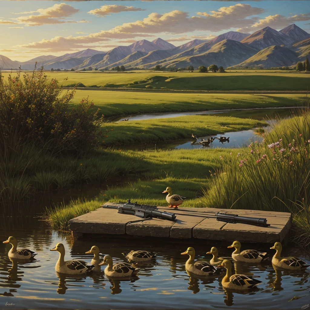 Gun, ducks, landscape, Still life