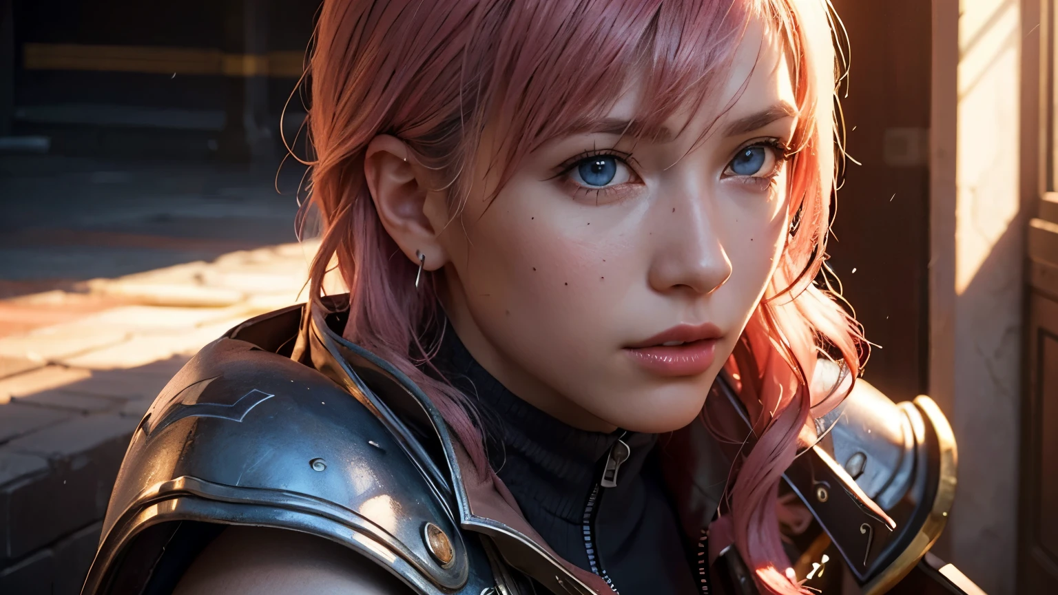 masterpiece, extremely fine and beautiful,detailed face,cute face, blue eyes,super detailed skin,photo realistic,cinematic, (Planted Sword on Hand:1.2), 1girl, solo, lightning farron, sleeveless, shoulder armor, cape, skirt, fingerless gloves, (detailed face and eyes:1.3) pink hair, vivid picture,masterpiece, (best quality:1.2),ultra-detailed,realistic,High definition,High quality,Cinematic Light,Ray tracing,ultra high res,UHD,(photorealistic:1.5),intricate details,detailed texture,finely detailed,High quality shadow, beautiful, color backgroud