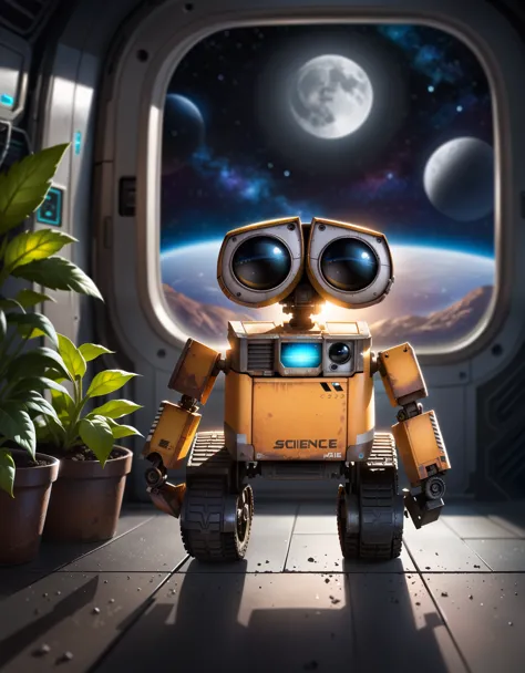 wall-e, full-length portrait, break, detailed background, detailed foreground, depth of field, ambient silhouette, backlighting,...