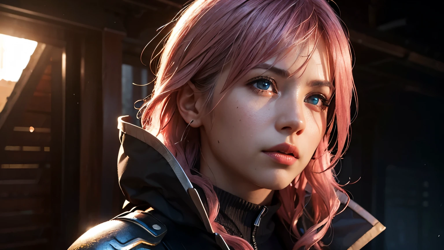 masterpiece, extremely fine and beautiful,detailed face,cute face, blue eyes,super detailed skin,photo realistic,cinematic, 1girl, solo, lightning farron, sleeveless, shoulder armor, cape, skirt, fingerless gloves, (detailed face and eyes:1.3) pink hair, vivid picture,masterpiece, (best quality:1.2),ultra-detailed,realistic,High definition,High quality,Cinematic Light,Ray tracing,ultra high res,UHD,(photorealistic:1.5),intricate details,detailed texture,finely detailed,High quality shadow, beautiful, sun and shadown, color backgroud