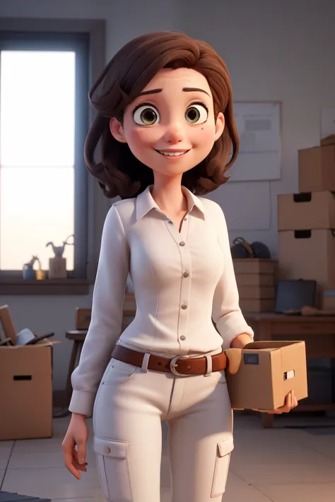 Create a 3D illustration that represents a woman who works in shipping, with the following elements:

The character is a woman with short, dark hair, styled in a modern and elegant way.
She is dressed in a white blouse and white pants, conveying an image of simplicity and professionalism.
In her right hand, she holds a cell phone, showing engagement and connectivity with her work.
In her left hand, she holds a box, symbolizing the delivery process.
The character must be smiling in a welcoming and trustworthy way, with an expressive look that conveys security and efficiency.
The illustration design must follow the visual patterns characteristic of PIXAR cartoons, with smooth lines, realistic textures and lighting that enhances the details of the scene.