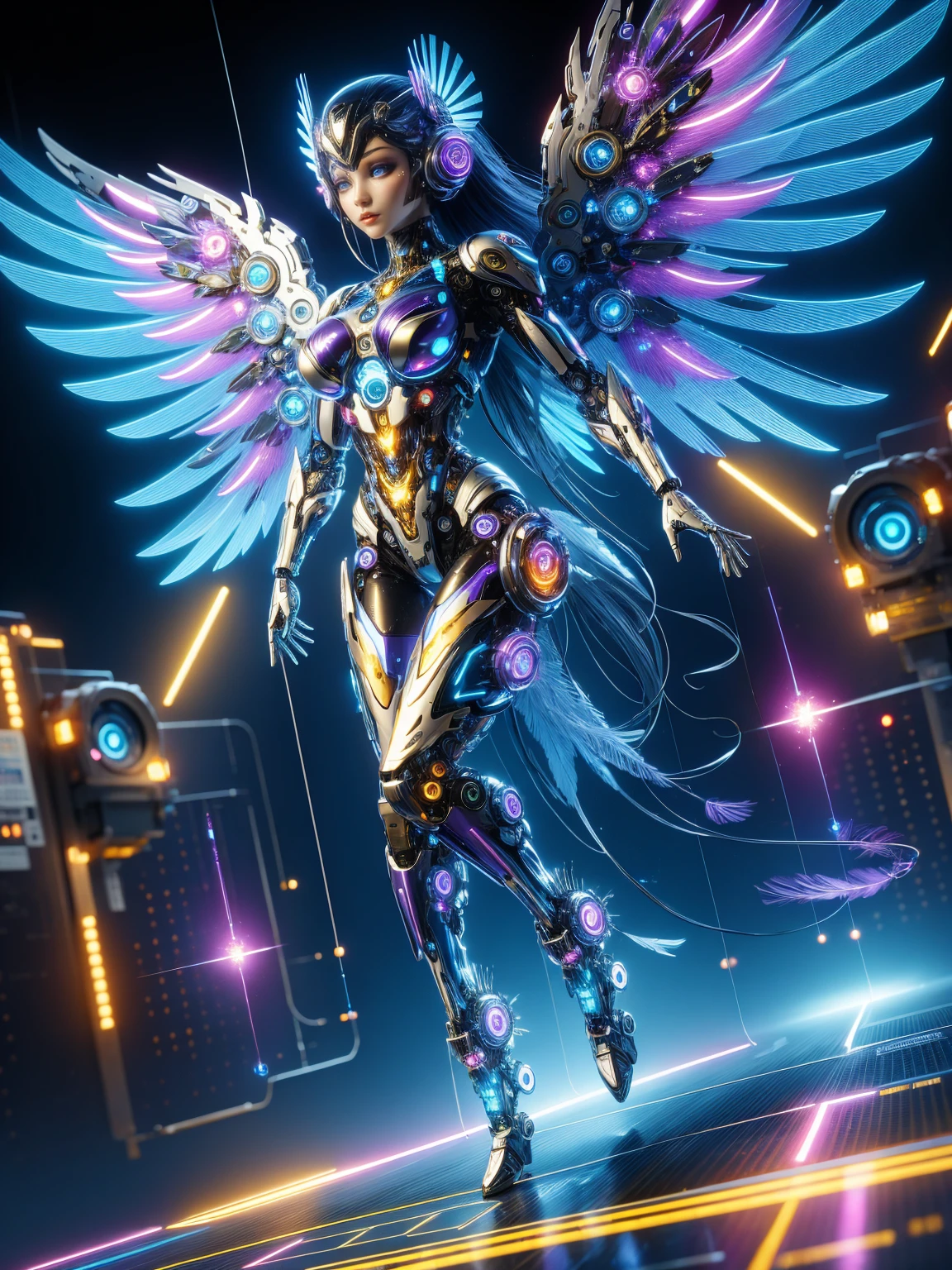 (masterpiece, best quality:1.2), Futuristic, mechanical female angel, high-tech machinery, dreamy radiance, full body, female figure, floating mid-air, intricate craftsmanship, masterpiece, glowing, neon lights, high-tech mechanical parts, mechanical fingers, mechanical wings, mechanical head, metal feathers, cool appearance, mechanical legs, biomimetic eyes, intricate feather design, dreamy radiance, electric blue, bright purple, vividly glowing eyes, reflective metallic surfaces, interlocking mechanical gears, dynamic fashion, motion blur effect, sci-fi atmosphere, aerodynamic streamlined, laser scanning patterns, holographic projection, glowing circuit lines, electric sparks, shiny chrome