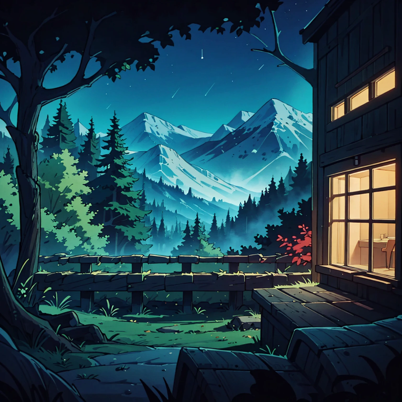 Close-up of forest summer night, desert with vibrant green trees and a glow, clear night sky, a cozy cabin, Exterior view reveals a serene dock, but mysterious, a sharp contrast to the chaos. anime background