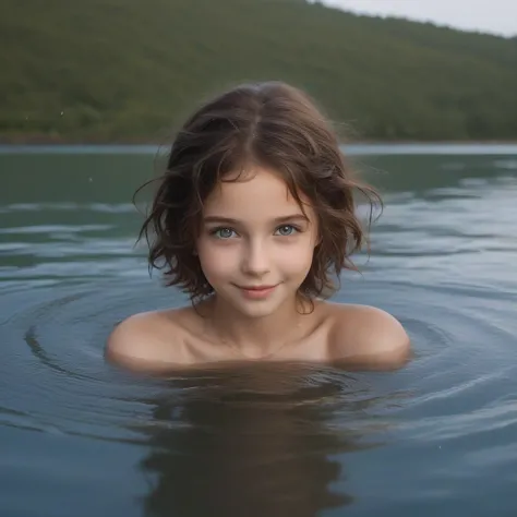 une fille aux cheveux marrons et aux yeux marron debout partiellement immerge dans l'eau  qui ragarde la camera en souriant