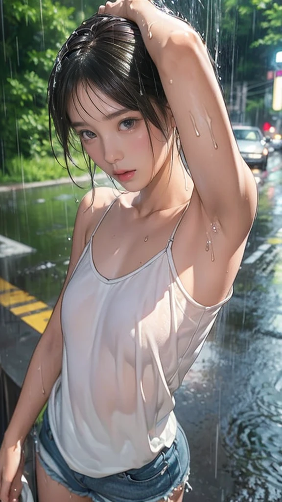 ((masterpiece,Highest quality;1.3,Best illustrations)), ((get wet:1.5)), (Raise your arms, Please show me your armpits:1.3), (Beautiful breasts, Large Breasts), Cowboy Shot,1 girl、10-year-old girl、alone,((very small head:1.5)),Black Hair, Bobcut, Open forehead, short hair,((Toned body, Slender body, skinny)),Glowing Skin, Glowing Skin, Oily skin, (Soaked in the rain、camisole、Micro Shorts)、heavy rain、rain、on the road,Tokyo,