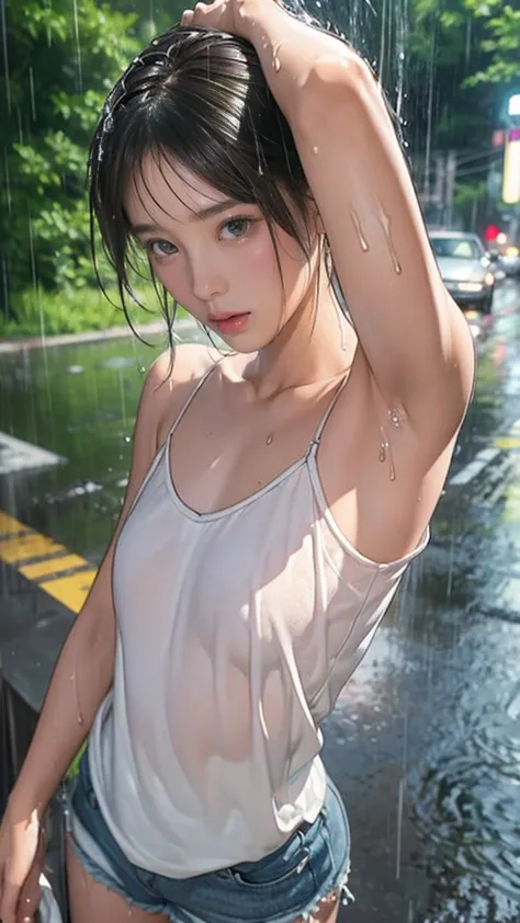 ((masterpiece,Highest quality;1.3,Best illustrations)), ((get wet:1.5)), (Raise your arms, Please show me your armpits:1.3), (Be...