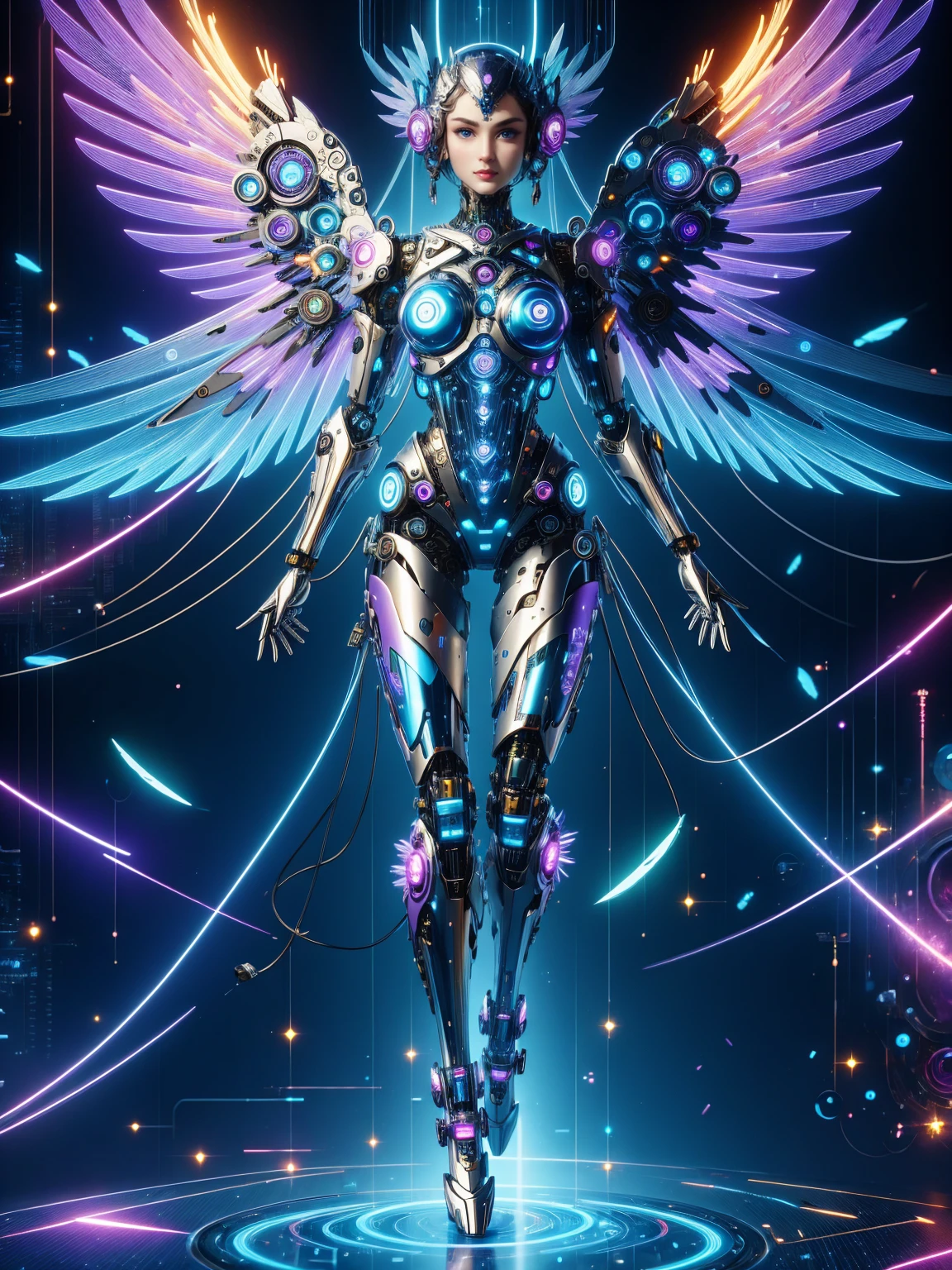 (obra de arte, melhor qualidade:1.2), futurista, anjo feminino mecânico, Máquinas de alta tecnologia, brilho sonhador, corpo todo, figura feminina, flutuando no ar, Artesanato complexo, obra de arte, brilhante, luzes de neon, Peças mecânicas de alta tecnologia, dedos mecânicos, Asas mecânicas, cabeça mecânica, Penas metálicas, aparência legal, pernas mecânicas, olhos biomiméticos, desenho de penas intrincado, brilho sonhador, azul elétrico, roxo brilhante, vividly brilhante eyes, superfícies metálicas refletivas, Engrenagens mecânicas interligadas, Moda Dinâmica, Efeito de desfoque de movimento, Atmosfera de ficção científica, aerodinâmico simplificado, padrões de digitalização a laser, Projeção holográfica, brilhante circuit lines, faíscas elétricas, cromo brilhante