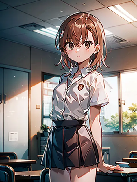 ​masterpiece, top-quality, misaka_mikoto, brown-eyed, look at viewers, solo, short_hair, closed_mouth, collared_shirt, looking_a...