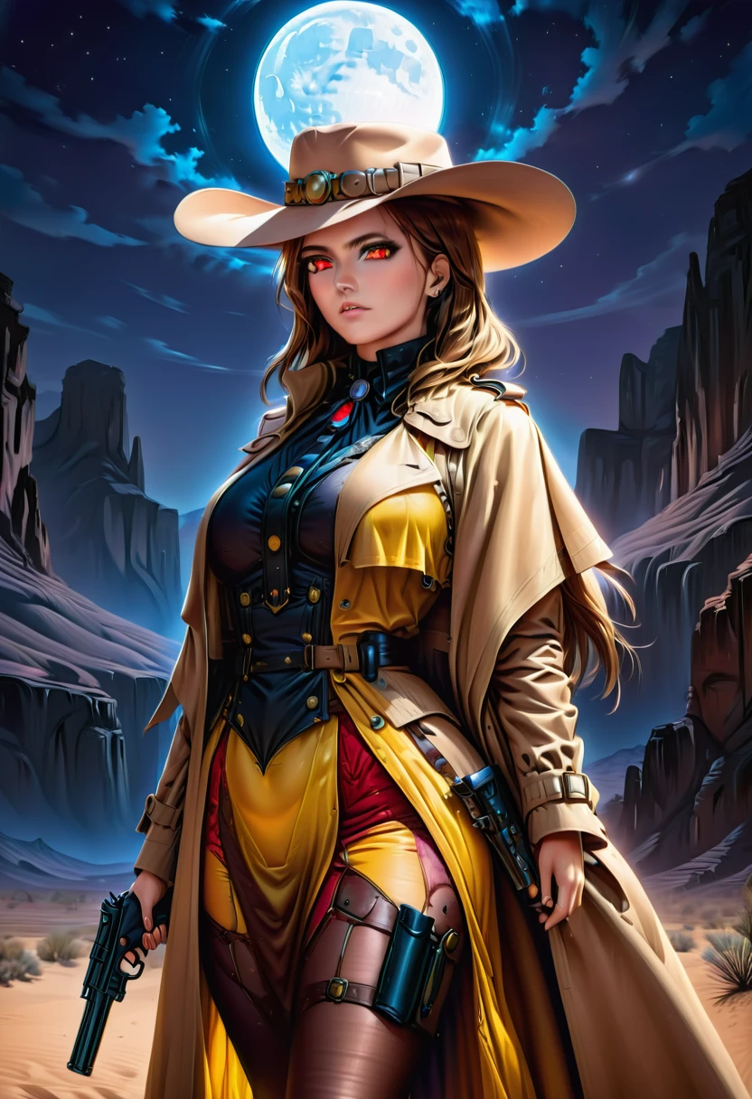 (wild west photograph style: 1.5) picture of a female vampire cowboy in the desert night, a goth beauty, exquisite beautiful female vampire, ((anatomically correct: 1.5), (ultra detailed face: 1.2), best detailed face, red glowing eyes, full body, busty, wearing white bottom shirt, short skirt, dynamic color. wearing (cowboy hat: 1.2), wearing high heeled boots, wearing open black trench coat, flowing trench coat, she has a pistol in a holster, it is night time in the desert, moon light. moon rays, west America desert canyon background, Hyperrealism style, vibrant, Ultra-high resolution, High Contrast, (masterpiece:1.5), highest quality, Best aesthetics), best details, best quality, highres, ultra wide angle, 16k, [ultra detailed], masterpiece, best quality, (extremely detailed) RAW, chumbasket art style, rpg portrait photograph, BloodSoakedAI, victorianstyle