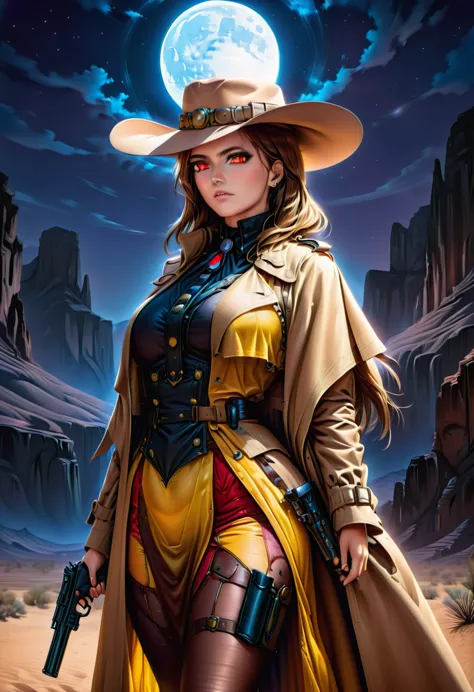 (wild west photograph style: 1.5) picture of a female vampire cowboy in the desert night, a goth beauty, exquisite beautiful fem...