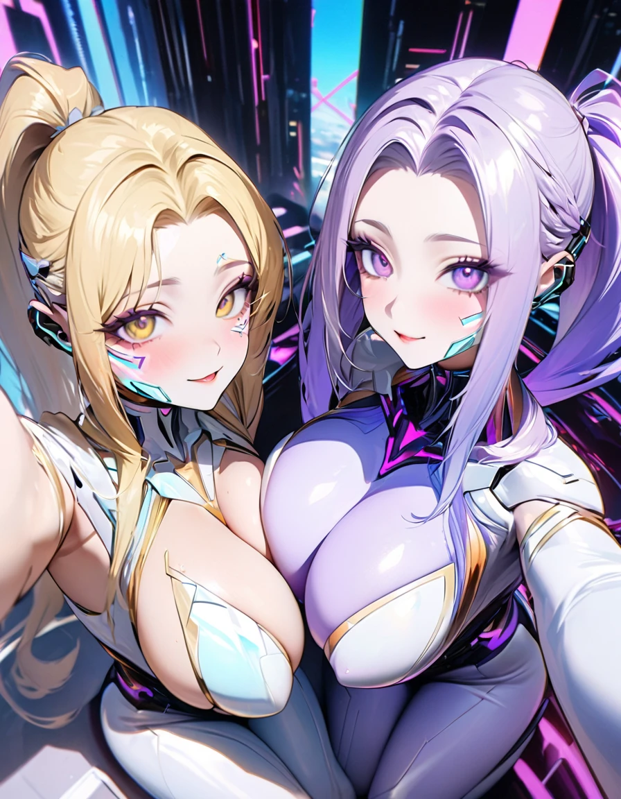 selfie, Meilleure qualité, Très fin, 16k, incroyablement absurdes, extrêmement détaillé, delicate Et dynamic, (two cool Et beautiful pretty cyber women:1.9), (cute cyber woman with purple eyes Et braided low twin tails with gradient from white to purple at the ends), Et (cool beauty cyber woman with gold eyes Et blonde ponytail, front), sitting on a giant gold Et silver plated spider web, analysé fond de couleur pastel irisé, divers effets de beauté d&#39;image, (Vue magnifique:1.3), seins colossaux