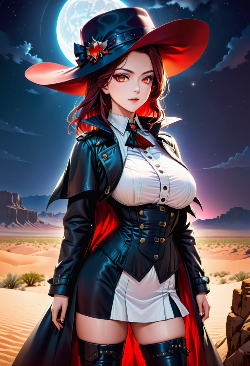 (wild west photograph style: 1.5) picture of a female vampire cowboy in the desert night, a goth beauty, exquisite beautiful female vampire, ((anatomically correct: 1.5), (ultra detailed face: 1.2), best detailed face, red glowing eyes, full body, busty, wearing white bottom shirt, short skirt, dynamic color. wearing (cowboy hat: 1.2), wearing high heeled boots, wearing open black trench coat, flowing trench coat, she has a (pistol in a holster: 1.1), it is night time in the desert, moon light. moon rays, west America desert canyon background, Hyperrealism style, vibrant, Ultra-high resolution, High Contrast, (masterpiece:1.5), highest quality, Best aesthetics), best details, best quality, highres, ultra wide angle, 16k, [ultra detailed], masterpiece, best quality, (extremely detailed) RAW, chumbasket art style, rpg portrait photograph, BloodSoakedAI, victorianstyle