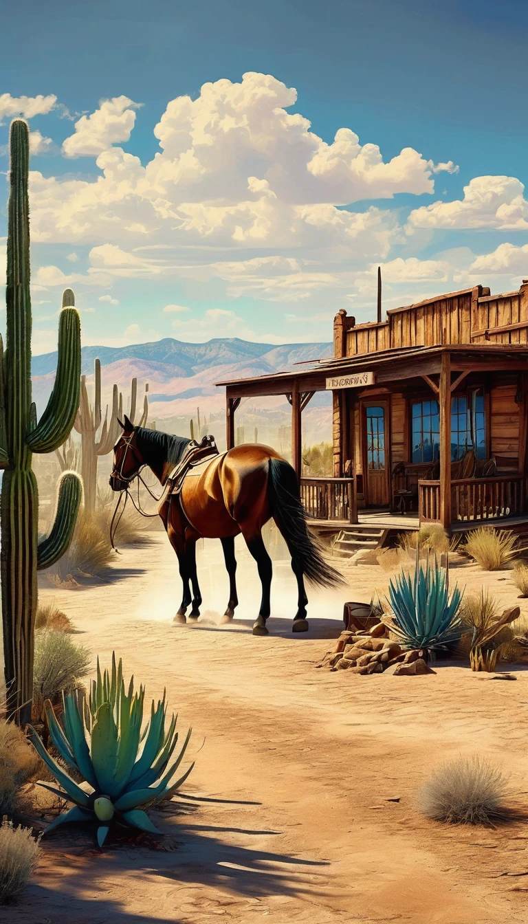 a detailed illustration of a town in the wild west, 1 cowboy:1.5, desert landscape, adobe buildings, dirt roads, wooden living room, horses, cactus, blue sky, warm lighting, Very detailed, photorealistic, 8k, masterpiece, Conceptual art