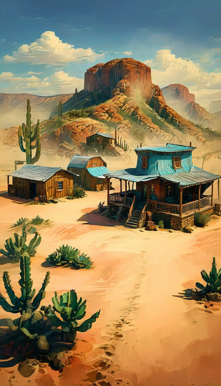 a detailed illustration of a town in the wild west, 1 cowboy:1.5, desert landscape, adobe buildings, dirt roads, wooden living room, horses, cactus, blue sky, warm lighting, Very detailed, photorealistic, 8k, masterpiece, Conceptual art, HD,8k HIPER DETALLADO