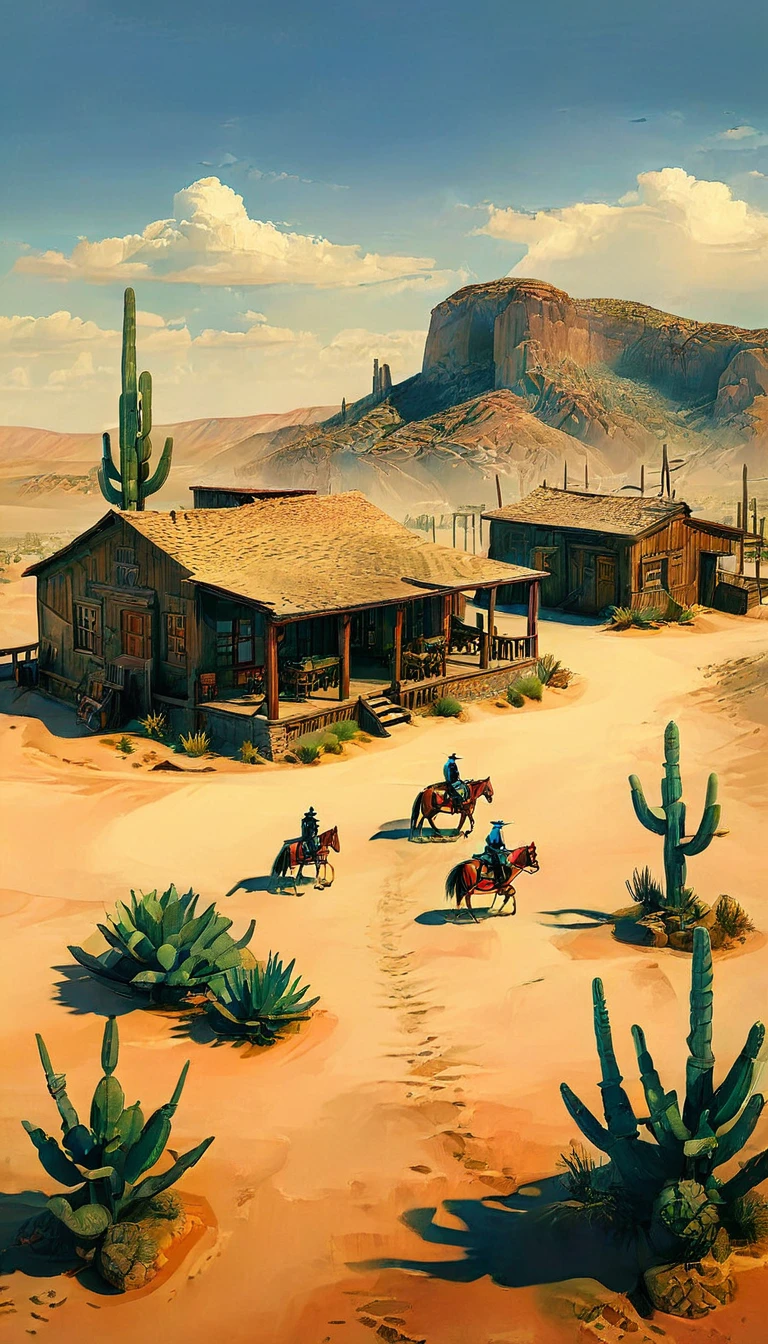 a detailed illustration of a town in the wild west, 1 cowboy:1.5, desert landscape, adobe buildings, dirt roads, wooden living room, horses, cactus, blue sky, warm lighting, Very detailed, photorealistic, 8k, masterpiece, Conceptual art, HD,8k HIPER DETALLADO