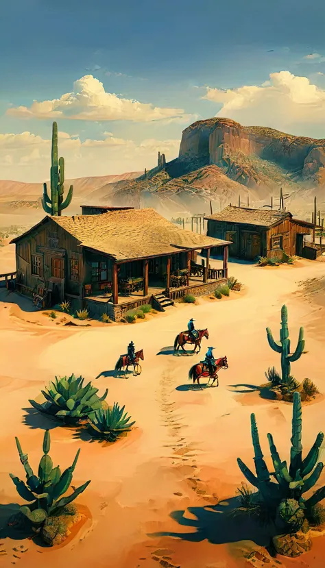 a detailed illustration of a town in the wild west, 1 cowboy:1.5, desert landscape, adobe buildings, dirt roads, wooden living r...