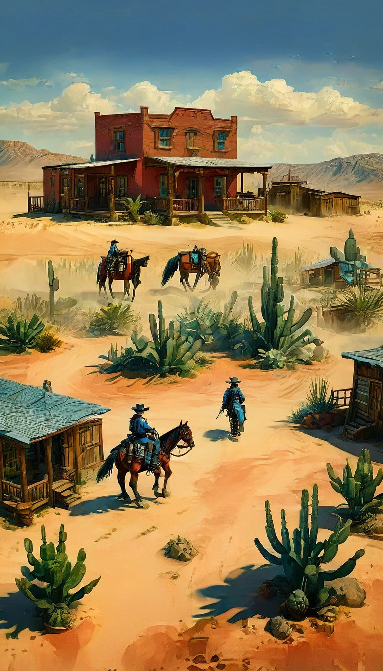 a detailed illustration of a town in the wild west, 1 cowboy:1.5, desert landscape, adobe buildings, dirt roads, wooden living room, horses, cactus, blue sky, warm lighting, Very detailed, photorealistic, 8k, masterpiece, Conceptual art, HD,8k HIPER DETALLADO