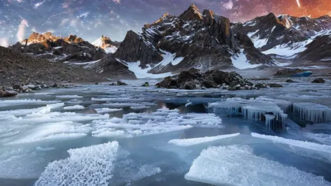 create a hyper realistic image in very high definition (4k) of a frozen landscape on an alien planet. the environment must be co...