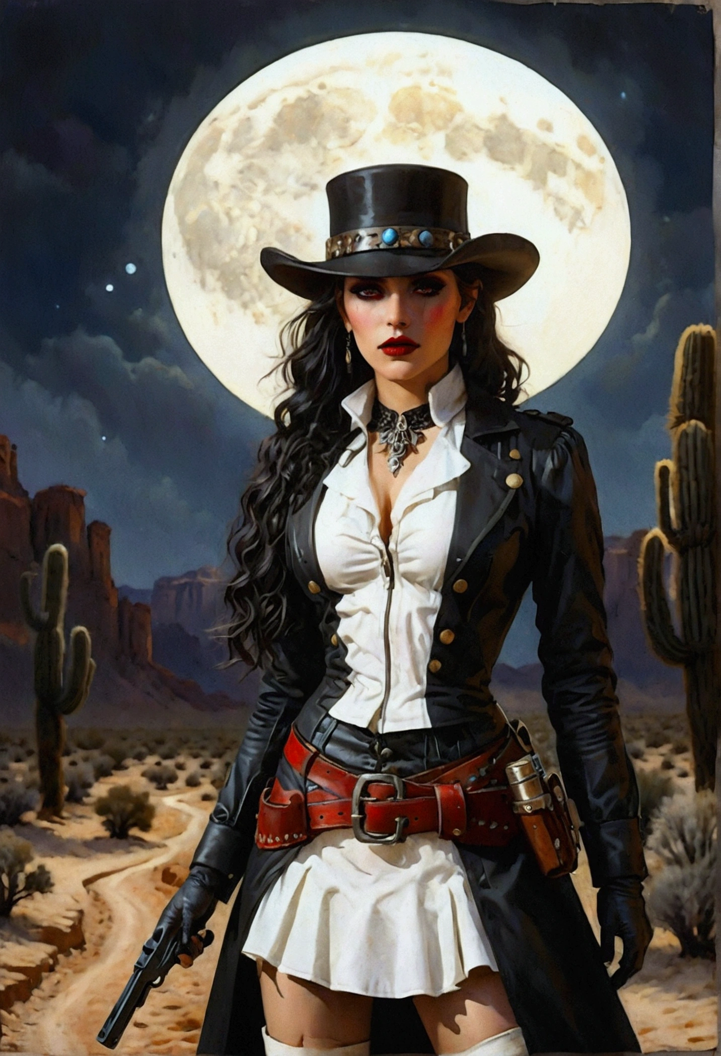 (wild west black and white 19th century photograph style: 1.5) picture of a female vampire cowboy in the desert night, a goth beauty, exquisite beautiful female vampire, ((anatomically correct: 1.5), (ultra detailed face: 1.2), best detailed face, red glowing eyes, full body, busty, wearing white bottom shirt, short skirt, dynamic color. wearing (Gambler Crease hat: 1.2), wearing high heeled boots, wearing open black trench coat, flowing trench coat, (pistol in a holster: 1.1), it is night time in the desert, moon light. moon rays, west America desert canyon background, Hyperrealism style, vibrant, Ultra-high resolution, High Contrast, (masterpiece:1.5), highest quality, Best aesthetics), best details, best quality, highres, ultra wide angle, 16k, [ultra detailed], masterpiece, best quality, (extremely detailed) RAW, chumbasket art style, rpg portrait photograph,