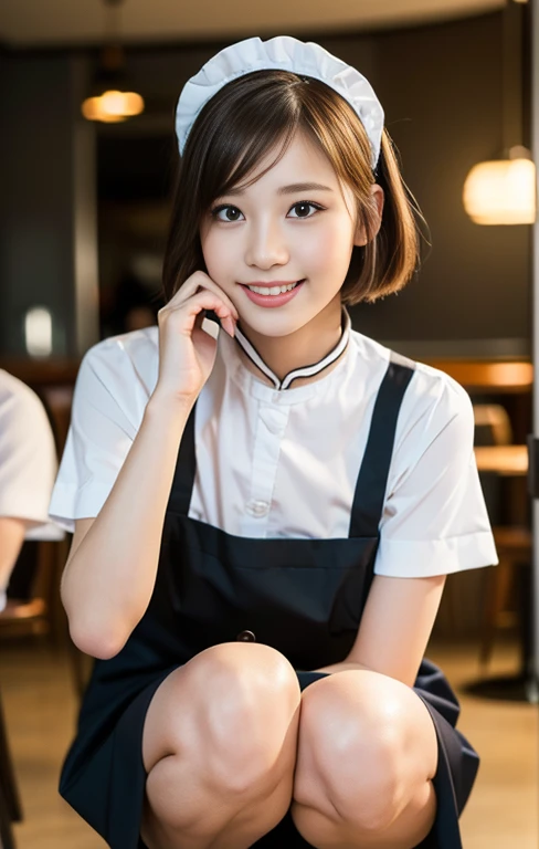 (A beautiful lady with a timeless-elegance maid outfit, Hill Valley in AD1955, squatting at Lou's Cafe. She has a friendly body language, dimpled cheeks, kind smile, positive vibes, cowboy_shot, wearing high heels, red ribbon collar, short bob hair, squatting pose, masterpiece, bokeh night background,(best quality,4k,8k,highres,masterpiece:1.2),ultra-detailed,(realistic,photorealistic,photo-realistic:1.37),detailed facial features,beautiful detailed eyes,beautiful detailed lips,extremely detailed face,longeyelashes,maid uniform,maid cafe interior,studio lighting,vivid colors,warm lighting)  #BTTF #DeLorean #TimeMachine