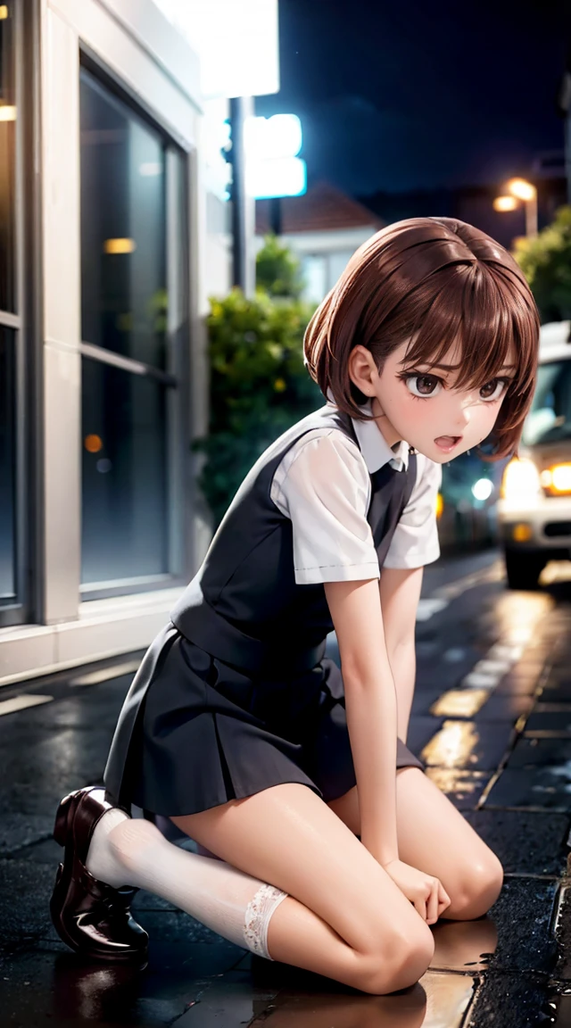 1 beautiful girl with short hair，emaciated，thin，slender thighs，รูปร่างเพรียวthin，not wearing clothes，White socks, long and thick, above the knee.，JK shoes，sexy pose，On the road at night，Close one eye and close the other.，Kneel on the ground and cry，painful expression，hopeless expression，Awesome expression.，Open your mouth wide and scream，Scream loudly，Heavy rain，moist，Reveal private space，Soaked all over.，No dress on.，roll your eyes, see pussy, Showing pussy, Erotic, fuck