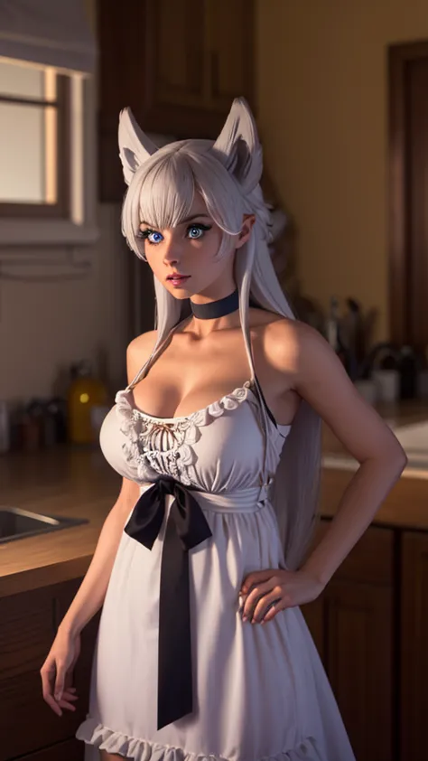 a sexy woman with large breasts, wolf ears, white hair, blue eyes, fluffy tail, wearing a white dress with a black bow ribbon, b...