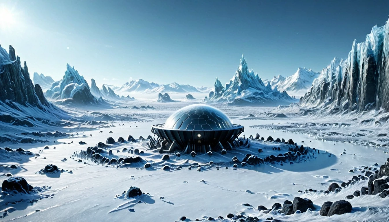 ((ALIEN PLANET, ALIEN COLONY WITH BUNKER-TYPE HOUSING)), hyper realistic image in very high definition (4k) of a frozen landscape on an alien planet. The environment must be completely covered with ice and snow, without liquid water, with intricate black rocks. It&#39;s a frozen, frozen desert. Include some futuristic alien constructions and buildings such as extraterrestrial colonies.. The scene must also show parked alien spaceships. In the landscape, You can see some humanoids with polar clothing, being part of an important population. The sky is gray, stormy and tempestuous, with wind visible on the scene. Lighting should be cinematic style, highlighting the realism and details of the image.
