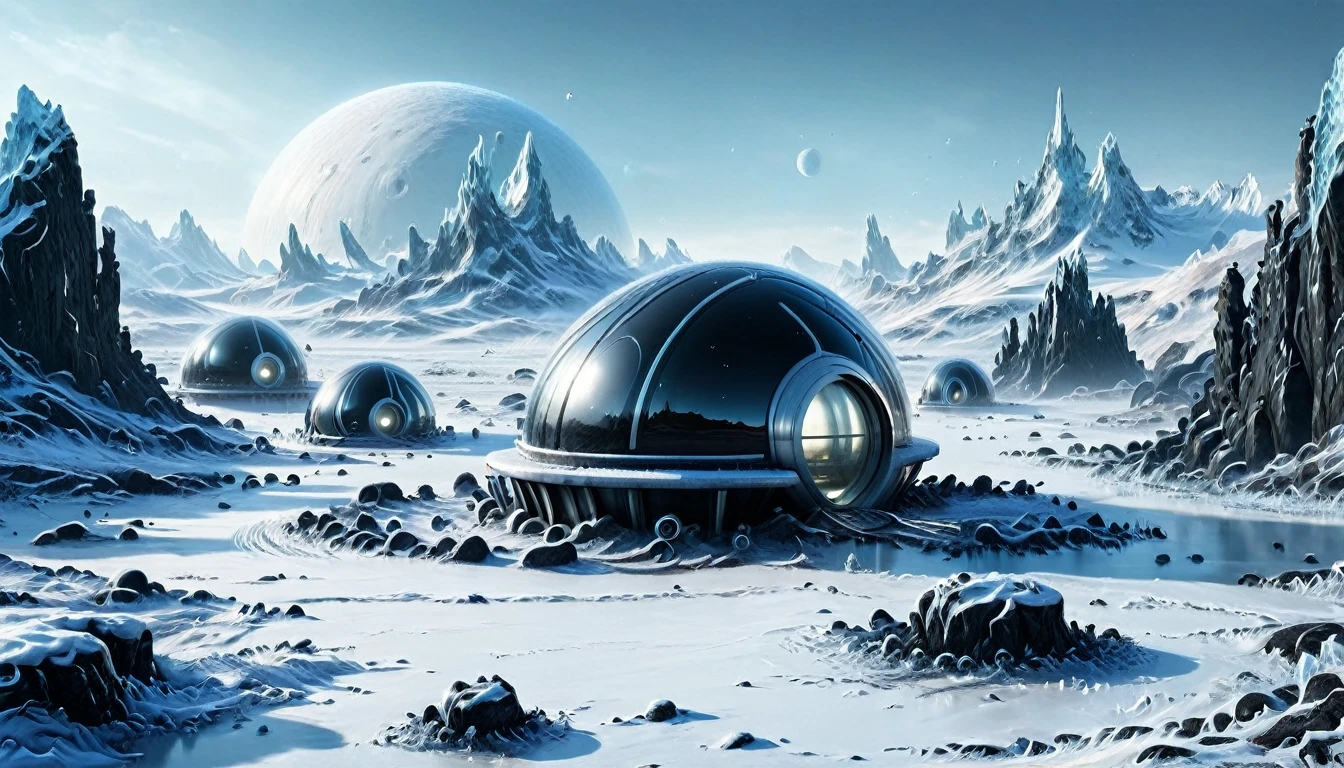 ((ALIEN PLANET, ALIEN COLONY WITH BUNKER-TYPE HOUSING)), hyper realistic image in very high definition (4k) of a frozen landscape on an alien planet. The environment must be completely covered with ice and snow, without liquid water, with intricate black rocks. It&#39;s a frozen, frozen desert. Include some futuristic alien constructions and buildings such as extraterrestrial colonies.. The scene must also show parked alien spaceships. In the landscape, You can see some humanoids with polar clothing, being part of an important population. The sky is gray, stormy and tempestuous, with wind visible on the scene. Lighting should be cinematic style, highlighting the realism and details of the image.
