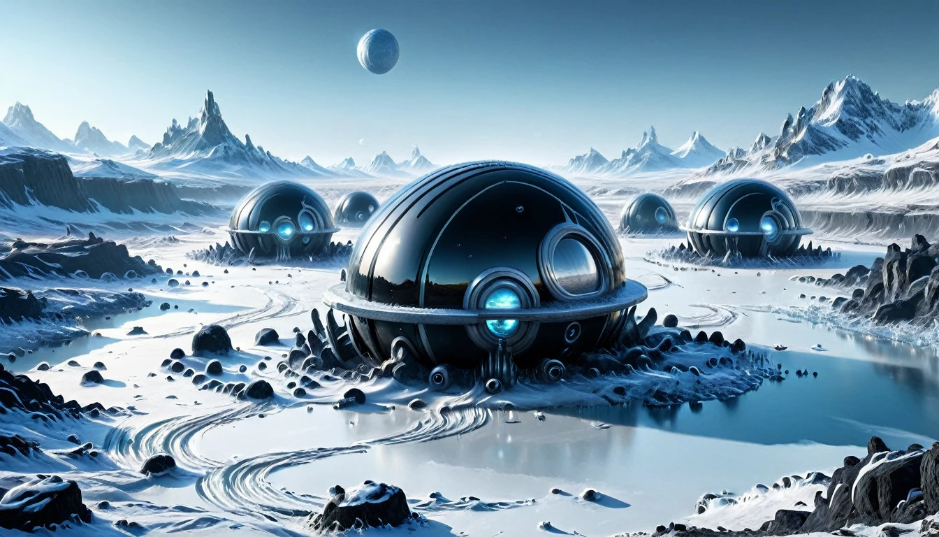 ((ALIEN PLANET, ALIEN COLONY WITH BUNKER-TYPE HOUSING)), hyper realistic image in very high definition (4k) of a frozen landscape on an alien planet. The environment must be completely covered with ice and snow, without liquid water, with intricate black rocks. It&#39;s a frozen, frozen desert. Include some futuristic alien constructions and buildings such as extraterrestrial colonies.. The scene must also show parked alien spaceships. In the landscape, You can see some humanoids with polar clothing, being part of an important population. The sky is gray, stormy and tempestuous, with wind visible on the scene. Lighting should be cinematic style, highlighting the realism and details of the image.
