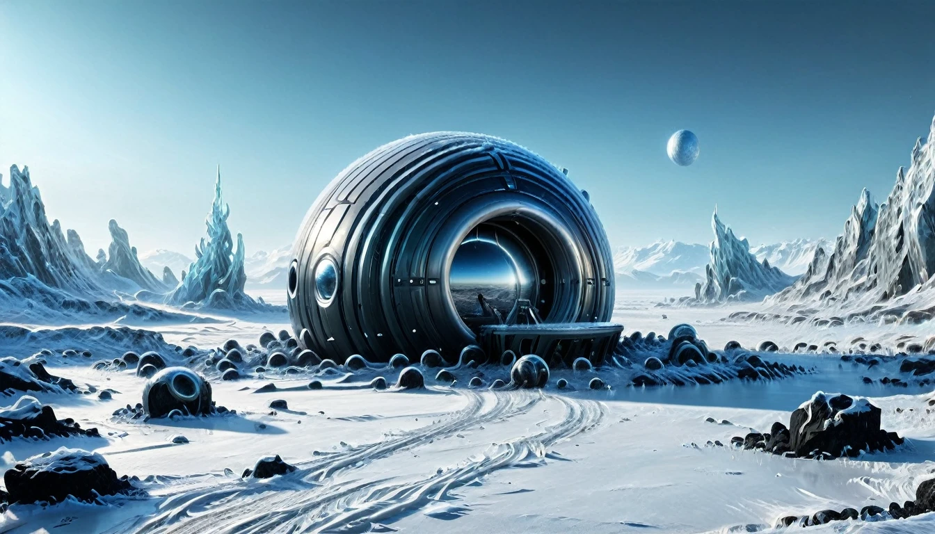 ((ALIEN PLANET, ALIEN COLONY WITH BUNKER-TYPE HOUSING)), hyper realistic image in very high definition (4k) of a frozen landscape on an alien planet. The environment must be completely covered with ice and snow, without liquid water, with intricate black rocks. It&#39;s a frozen, frozen desert. Include some futuristic alien constructions and buildings such as extraterrestrial colonies.. The scene must also show parked alien spaceships. In the landscape, You can see some humanoids with polar clothing, being part of an important population. The sky is gray, stormy and tempestuous, with wind visible on the scene. Lighting should be cinematic style, highlighting the realism and details of the image.
