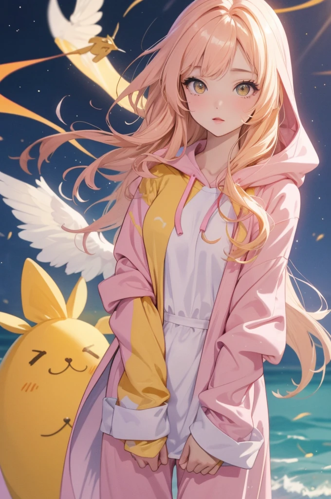 adult  woman, Age 22; long hair, pretty and pink, curly hair; (yellow eyes), angelic and beautiful face with flushed cheeks, rosto ultra detaild; (( wearing cute yellow colored kigurumi pajamas with hood )); best qualityer, ultra detaild, best resolution, 4K, soft strokes, role model, work of art, closes; dimly lit room in the background, focus on the character, blurry background 