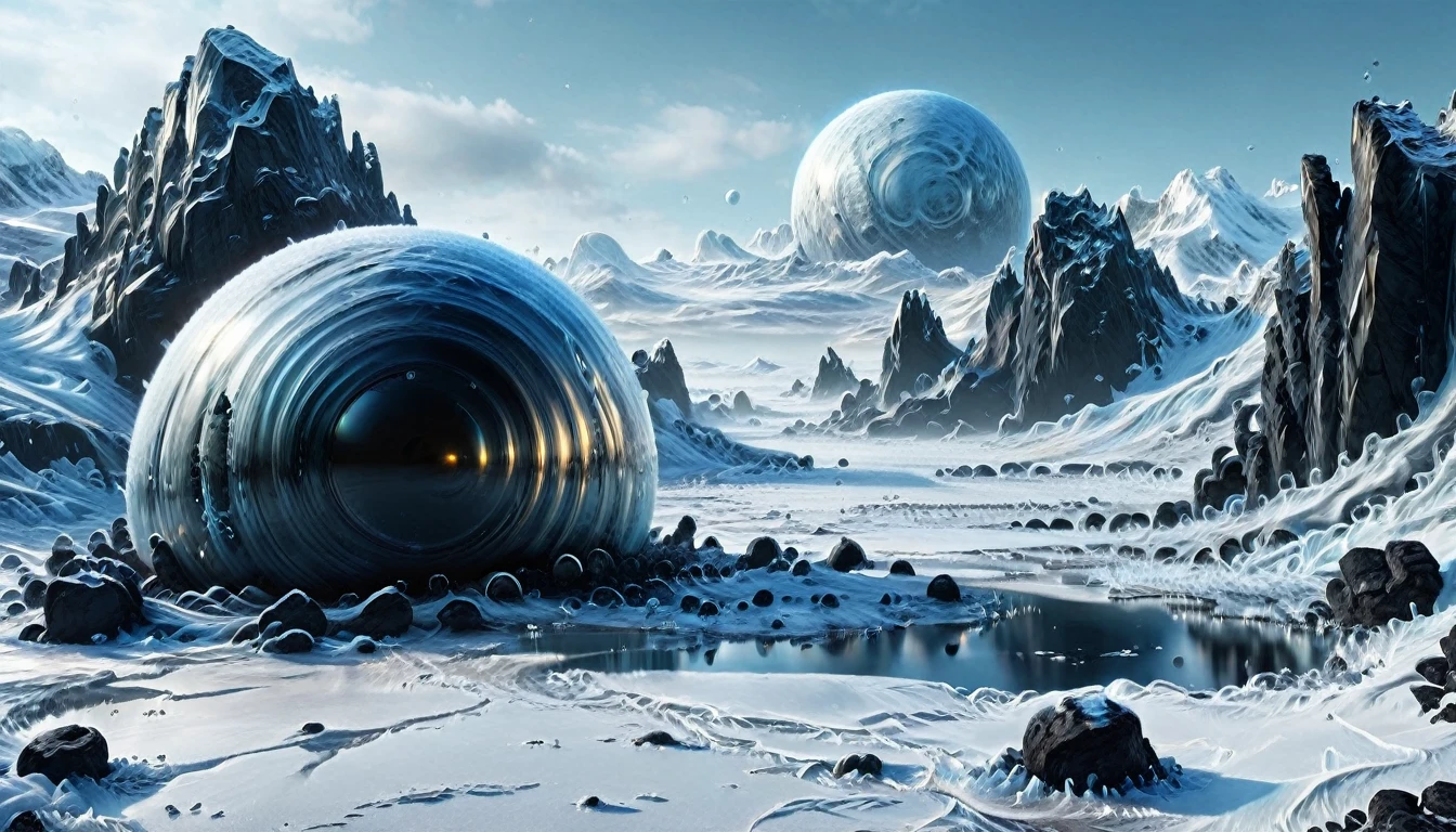 ((ALIEN PLANET WITH BUNKER-TYPE HOUSING)), hyper realistic image in very high definition (4k) of a frozen landscape on an alien planet. The environment must be completely covered with ice and snow, without liquid water, with intricate black rocks. It&#39;s a frozen, frozen desert. Include some futuristic alien constructions and buildings such as extraterrestrial colonies.. The scene must also show parked alien spaceships. In the landscape, You can see some humanoids with polar clothing, being part of an important population. The sky is gray, stormy and tempestuous, with wind visible on the scene. Lighting should be cinematic style, highlighting the realism and details of the image.
