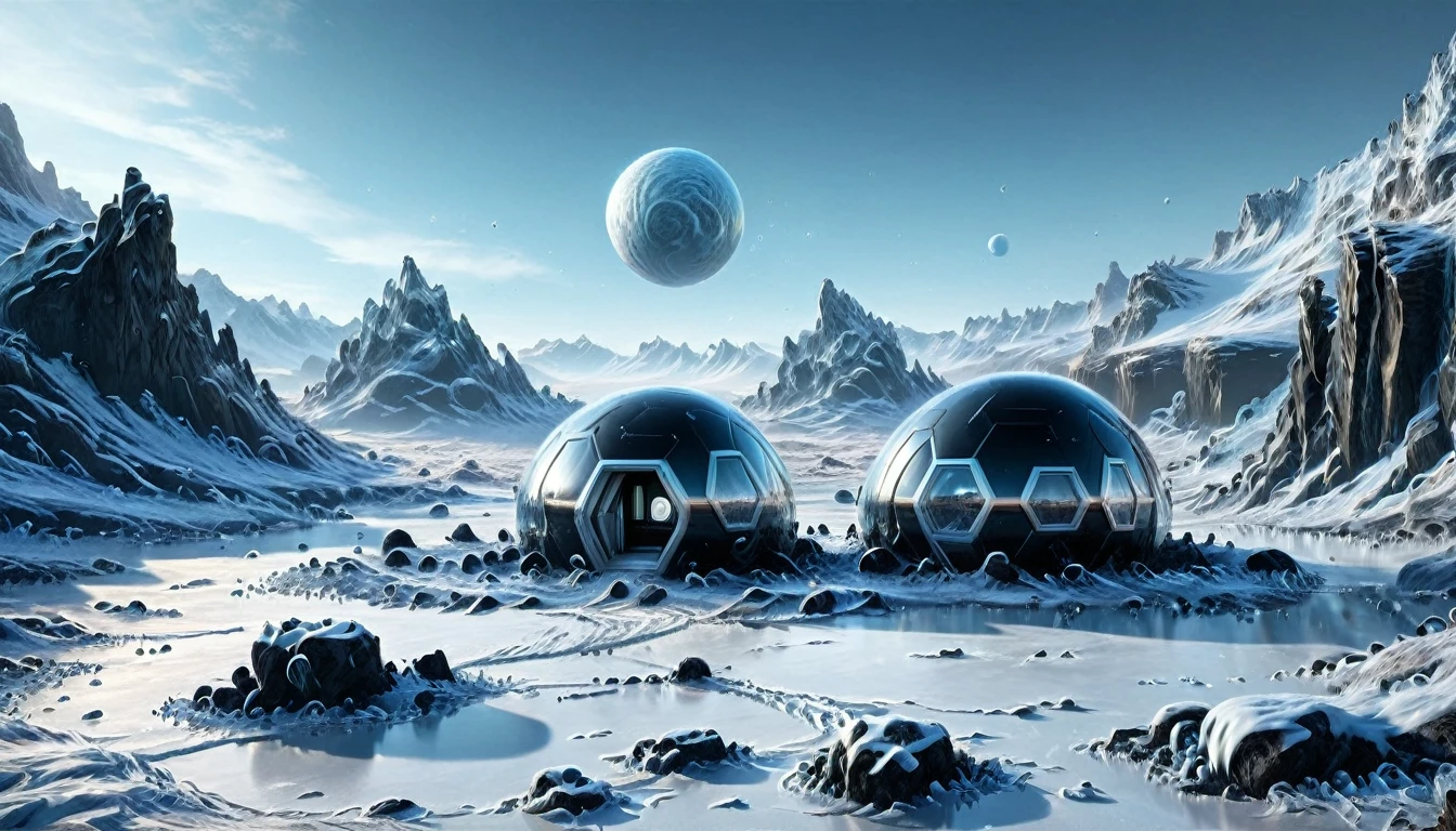 ((ALIEN PLANET WITH BUNKER-TYPE HOUSING)), hyper realistic image in very high definition (4k) of a frozen landscape on an alien planet. The environment must be completely covered with ice and snow, without liquid water, with intricate black rocks. It&#39;s a frozen, frozen desert. Include some futuristic alien constructions and buildings such as extraterrestrial colonies.. The scene must also show parked alien spaceships. In the landscape, You can see some humanoids with polar clothing, being part of an important population. The sky is gray, stormy and tempestuous, with wind visible on the scene. Lighting should be cinematic style, highlighting the realism and details of the image.
